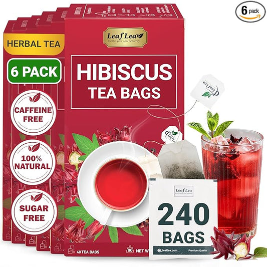 LeafLea Hibiscus Tea Bags – 240 Count, Individually Wrapped, 100% Natural Hibiscus Flower Herbal Tea, Caffeine-Free, Sugar-Free, Non-GMO, Rich in Flavor & Color, Te de Hibisco, Jamaica Tea (Pack of 6)