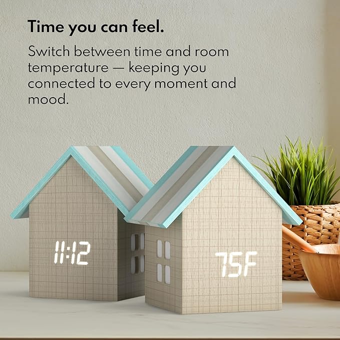 Driini Digital House Shaped Alarm Clock with Temperature Display (Stripe Wood) – Modern Aesthetic - Cute Cube Frame and White LED Dimmer - Perfect Small Desk Clock for Bedside Table or Bedroom Mantle