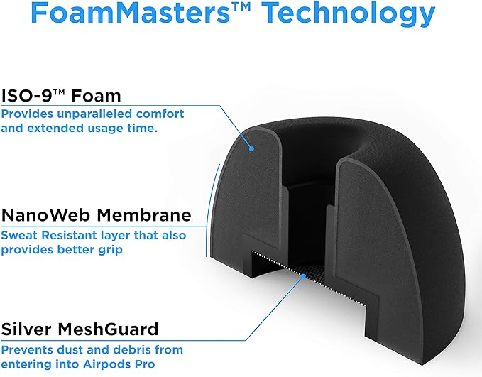 Foam Masters Memory Foam Ear Tips for AirPods Pro 1st & 2nd Gen | Comfortable | Secure | Better Noise Cancellation | Version 3.0 Replacement Buds (Small, Med, Large - 3 Pairs, Black)