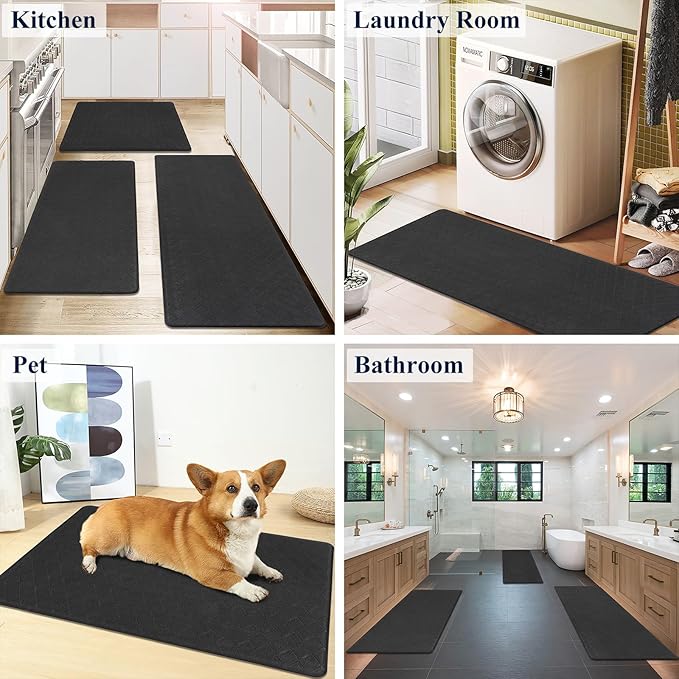 HEBE Anti Fatigue Kitchen Mats for Floor Set of 3 Cushioned Kitchen Rug Sets 3 Piece Non Slip Kitchen Rugs and Mats Waterproof Comfort Standing Mat Runner for Home Office,Sink,Laundry