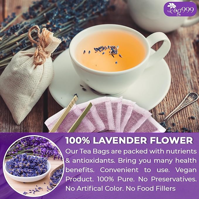 TOG999, Premium 60 Lavender Flower Tea Bags, 100% Natural & Pure from Lavender Flowers. Loose Flower Lavender Herbal Tea. Lavender Flower Tea. No Sugar, No Caffeine, No Gluten, Vegan.