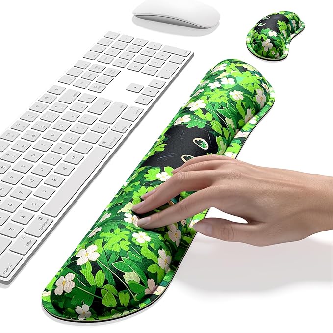 Dapesuom Enlarge Keyboard Wrist Rest, Memory Foam Wrist Cushion for Desk Mats Support, Typing Pain Relief Keyboard Mouse Pad Rests Set with Non-Slip Base for Gaming Laptop Computer, Anime Grass Cat