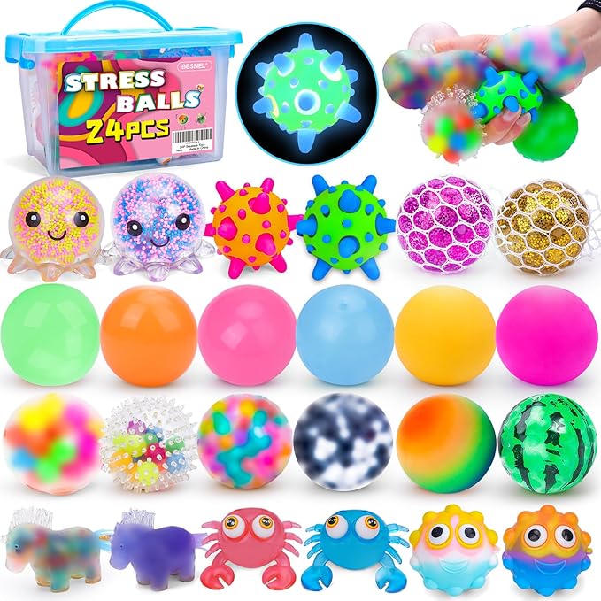 24 Pack Stress Balls, Squishy Balls, Squeeze Balls for Adults, Stress Relief Balls, Prize Box Stuffers, Party Favors