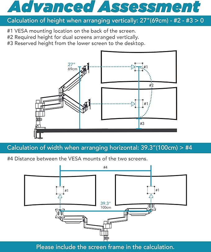 Heavy Duty Extension Arm [Accessory Only - Requires MA20PW-S Single Monitor Arm for Use] Dual 49" Vertical Stacked Monitor Mount Height Adjustable - 100x100 VESA Mount, White, MA20PW-A