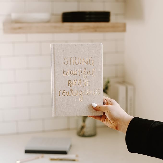 Sweet Water Decor Cute Motivational Lined Composition Notebook for Women, 100 Ruled Pages for Writing, Diary with Fabric Inspirational Cover (Strong Beautiful Brave Courageous)