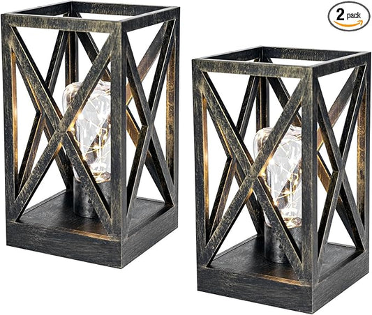 WINGBO 2 Pack Retro Battery Powered Table Lamps, Battery Operated Cordless Lamp Set, Portable Nightlight Decorative Light for Living Room Dining Room Bedroom Entryway Patio, Black & Gold Finish