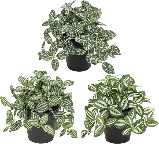 Hollyone Fake Plants 3 Packs Artificial Plants Indoor Faux Plants with Black Plastic Pot Small Fake Potted Plant for Home Aesthetic Living Room Bathroom Desk Shelf Office Decor