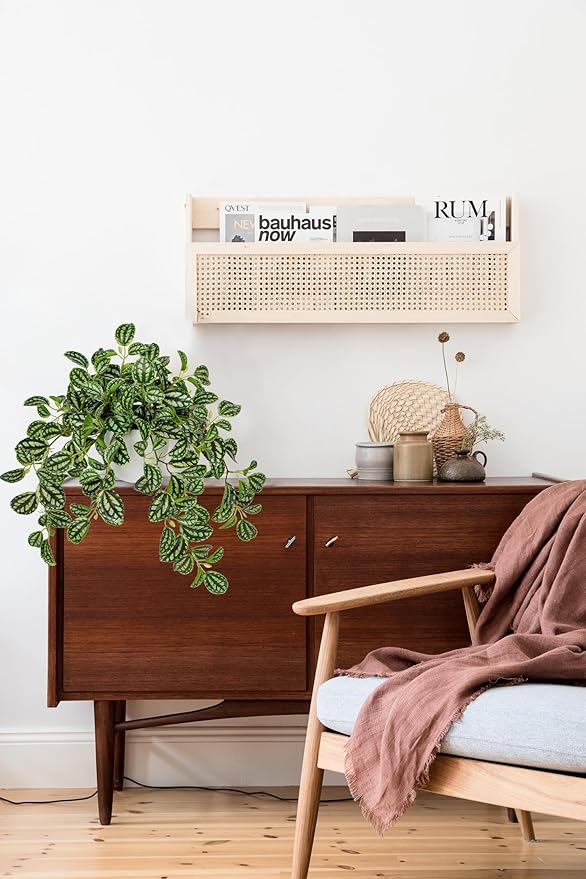 Briful Fake Plants Indoor Artificial Potted Silk Plants Faux Watermelon Peperomia Trailing Vine Plant for Home Office Livingroom Desk Shelf Mantle Decoration(Green/White - 1 Pack)