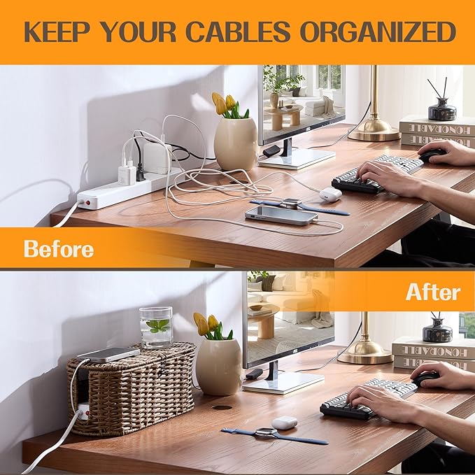 FairyHaus Cable Management Box 2Pack Brown, Handwoven Large and Small Cable Organizer Box Cover to Hide Cords and Power Strip, Imitation Wicker Cord Organizer Box Hider for Office Desk and Floor