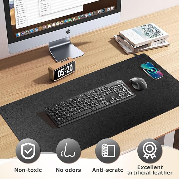 Wireless Charging Mouse Pad Firelison 2 in 1 Leather Multifunctional Office Desk Pad with Non-Slip Rubber Base, Waterproof Desk pad for Computers/Office/Work/Home/Decor（ 36" x 17"Black - R）