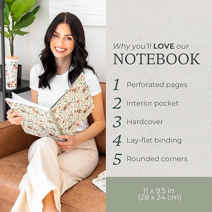 Steel Mill & Co Cute Large Spiral Notebook College Ruled, 11" x 9.5" with Durable Hardcover and 160 Lined Pages, Woodland Floral