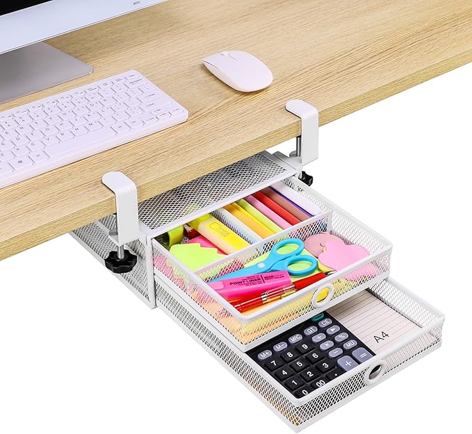 ROSLINE Under Desk & Desktop Drawer Organizer - 2-Tier Metal Slide Out Drawers Organizer, Storage for Home Office Desk (White)
