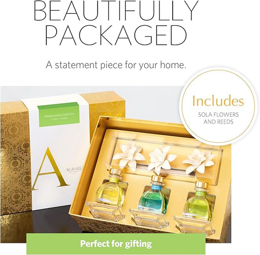 AGRARIA Citrus & Floral PetiteEssence Collection, Handmade Sola Flower Reed Diffuser Set of 3, Luxury Home Fragrance Scented Oil Diffuser Gift Set