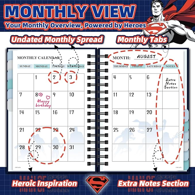 Hardcover Spiral Notebook Journal with 12 Dividers Tabs Weekly&Monthly Planner Productivity Journal Superhero Theme Leather Organizer for Work School Adults Teens and Professionals (SUPERM-REDBLACK)