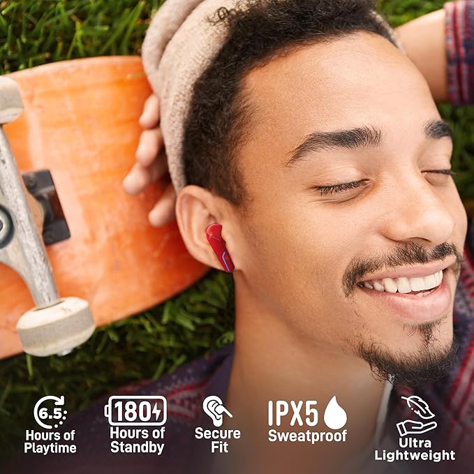 MyJoy Cool Wireless Gaming Earbuds, Bluetooth 5.3 Noise Cancelling Earbuds with Mic, Low Latency, LED Light Charging Case – Red