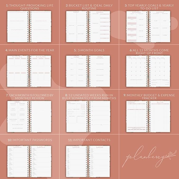 PLANBERRY Weekly Planner Premium – Undated Life Organizer & Budget Planner – Time Management, Goal Setting, To-Do List, Work-Life Balance & Habit Tracker – 6.9″ x 8.5″ (African Terracotta)