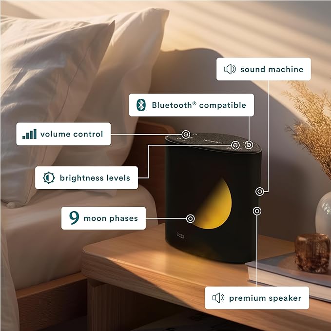 Homedics Sound Sleep Moon Dream Sound Machine and Alarm Clock, Enhance Sleep,18 Soothing Sounds, Lunar Display, Bluetooth® Connectivity Speaker, and Adjustable Brightness