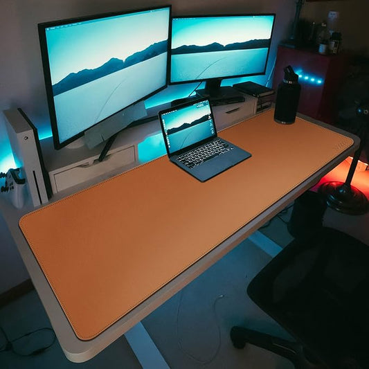 Vyaaa Desk Mat on top of Desks, 63" x 24" PU Leather Desk Mat, Large Desk Blotter Pad for Office, Home, Gaming, Computer, Laptop, Keyboard and Mouse - Light Brown
