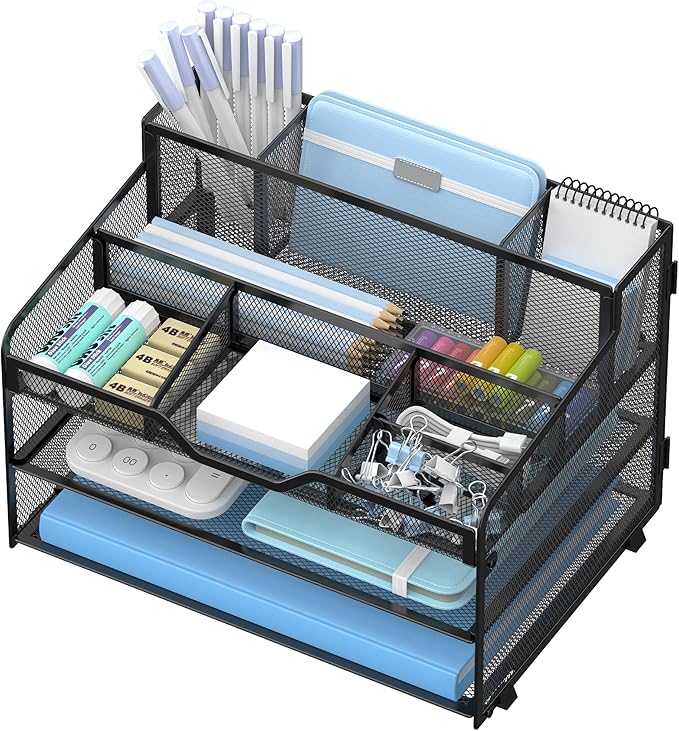 OrgMate 3 Tier Mesh Desk Organizer,Multi Functional Letter Paper Tray with 3 Pen Holders and 5 Adjustable Storage Compartments for Office Supplies Files and Mail Space Saving Desktop Organizer-Black