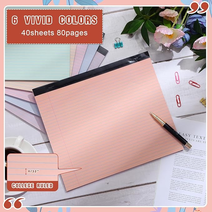 Lincia 6 Pcs 11" x 9.5" Legal Pads College Ruled Notepad Landscape Notebook Horizontal Lined Notebook 80 Gsm Assorted Colors Paper Pastel Writing Pads for School Office, 40 Sheet (Cute Color)