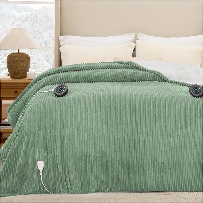 Bedsure GentleSoft Electric Blanket Queen Size - Soft Ribbed Flannel Heated Blanket with Dual Control, Heating with 10 Heat Settings & 10 Time Settings, 8 hrs Timer Auto Shut Off (84x90 inches, Green)