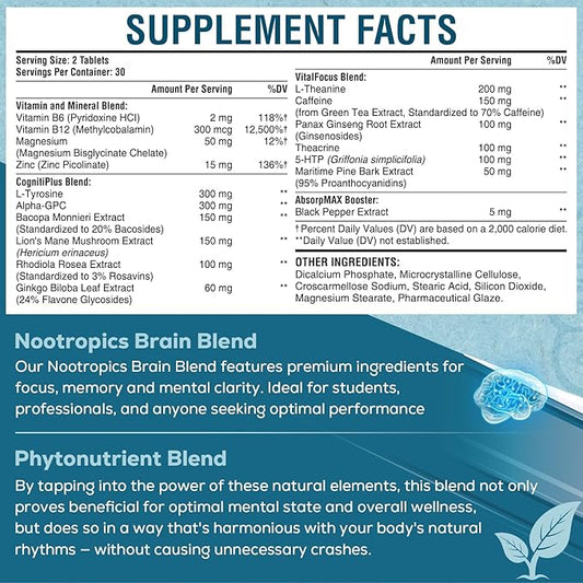 17-in-1 Brain Supplement for Memory and Focus | Natural Nootropics Brain Supplement for Brain Cognition, Energy | High Absorption | L-Theanine, Phytonutrient Blend and Vitamins B6, B12 | 2 Bottles
