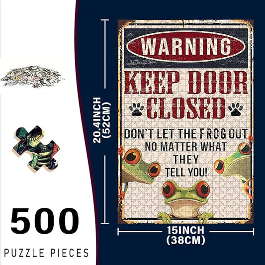 500 Piece Wooden Jigsaw Puzzle Keep Door Closed Don't Let The Frogs Out No Matter What They Tell You Adults Kids Challenging Game Educational Stress Relief Time 20.4x15 Inch