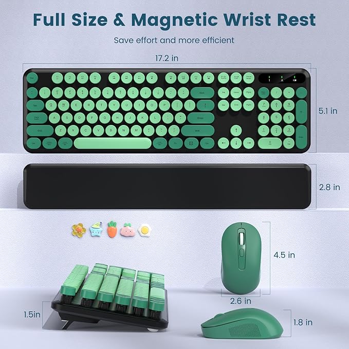 Wireless Keyboard and Mouse Combo-Round Keycaps, Full-Size Retro Typewriter Keyboard with Detachable Wrist Rest, Sleep Mode & Tilt Legs, 2.4GHz Cordless Connection for Mac/Windows/PC (Black & Green)