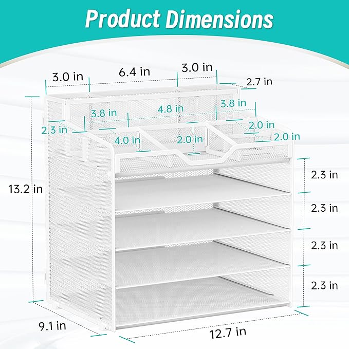 5 Tier Mesh Desk Organizer,Multi Functional Letter Paper Tray with 3 Pen Holders and 5 Adjustable Storage Compartments for Office Supplies Files and Mail Space Saving Desktop Organizer-White