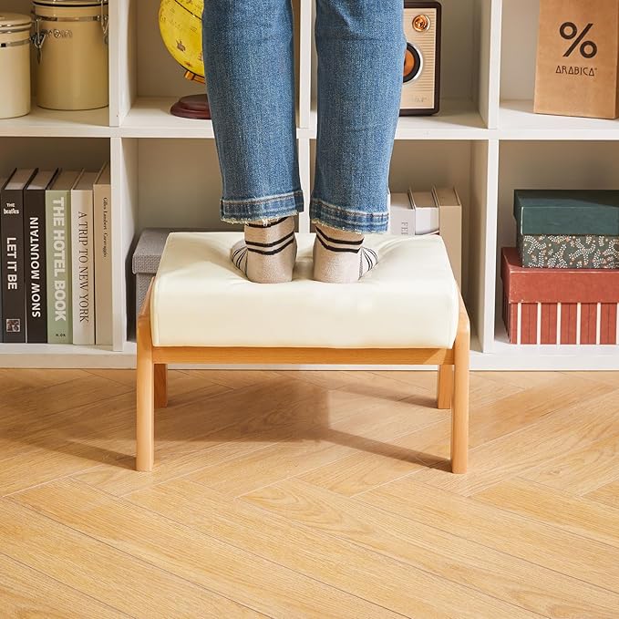 IBUYKE 10.2” H Small Foot Stool Ottoman, Rectangle PU Faux Leather Foot Rest with Padded Seat and Wood Legs, Modern Accent Ottoman Foot Rest for Living Room Bedroom Couch Office, White WBD013W
