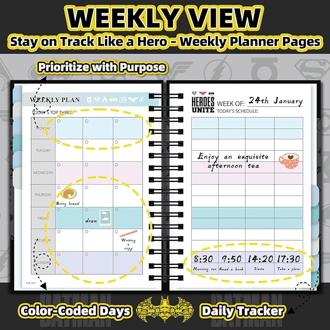 Hardcover Spiral Notebook Journal with 12 Dividers Tabs Weekly&Monthly Planner Productivity Journal Superhero Theme Leather Organizer for Work School Adults Teens and Professionals(BATM- Logo)