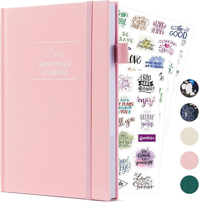 Gratitude Journal with 4 Inspirational Stickers: Undated Daily Gratitude Journal for Women and Men - More Happiness, Affirmation, and Mindfulness in A Few Minutes with Prompts & Quotes (Pink)