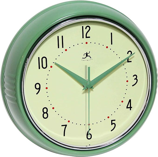 Infinity Instruments LTD. Retro 9 inch Silent Sweep Non-Ticking Mid Century Modern Kitchen Diner Wall Clock Quartz Movement Retro Wall Clock Decorative (Green)…