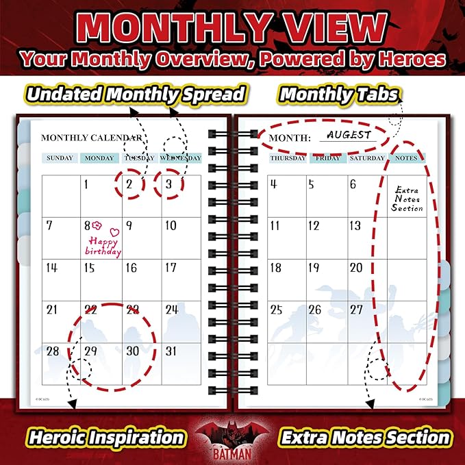 Hardcover Spiral Notebook Journal with 12 Dividers Tabs Weekly&Monthly Planner Productivity Journal Superhero Theme Leather Organizer for Work School Adults Teens and Professionals (BATM-RED)