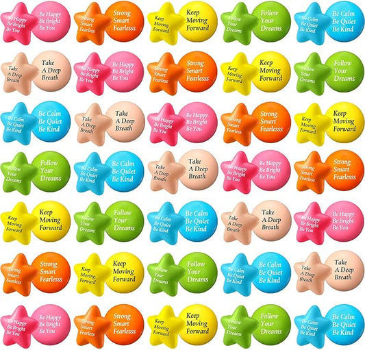 Aoriher 36 Pcs Motivational Stress Balls Quotes Inspirational Funny Colorful Foam Balls Hand Exercise Stress Relief Gifts for Office Small Anxiety Toys for Relief Motivating Supply (Star, Round)