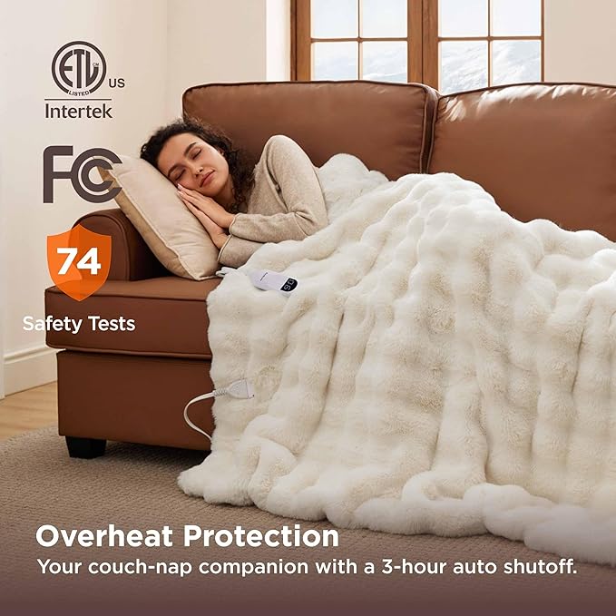 Bedsure Fluffy Bubble Faux Fur Heated Blanket Throw - Super Soft Electric Blanket, Heating with 6 Heating Levels, 4 Time Settings, 3-Hour Auto-Off, Decor Gifts for Home, White, 50x60 inches