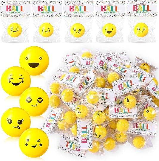 Meooeck 50 Pack Back to School Gifts for Students Smile Face Stress Balls Funny Stress Balls Foam Relief Toy with Bag and Greeting Card First Day of School Gift Classroom Prize Party Favor(Yellow)