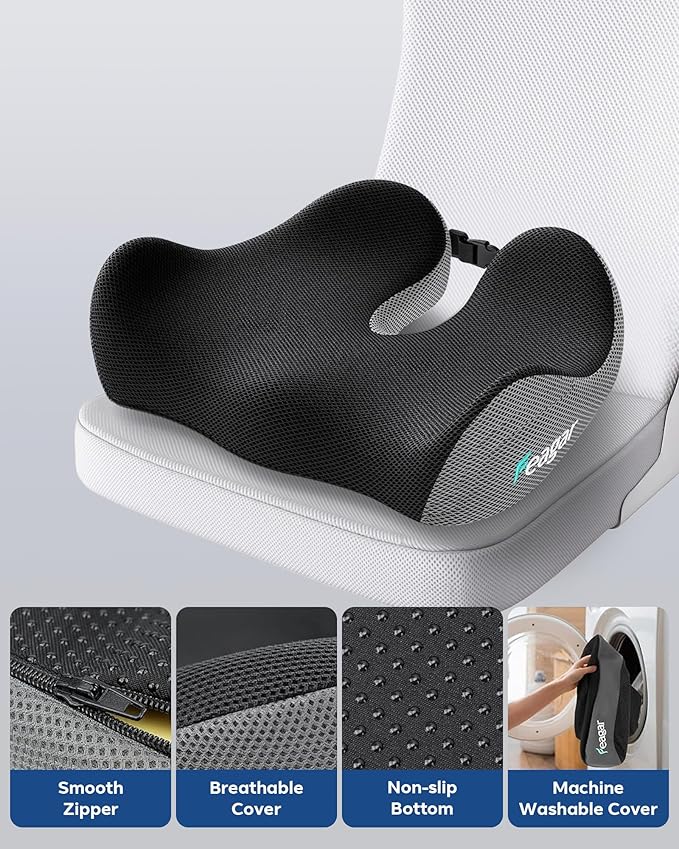 Feagar Seat Cushion - Office Chair Cushion for Hip, Sciatica & Tailbone Pain Relief - Memory Foam Pressure Relief Seat Cushion, Large Wrapped Design for Wheelchair, Car Seat & Long Sitting (Gray)