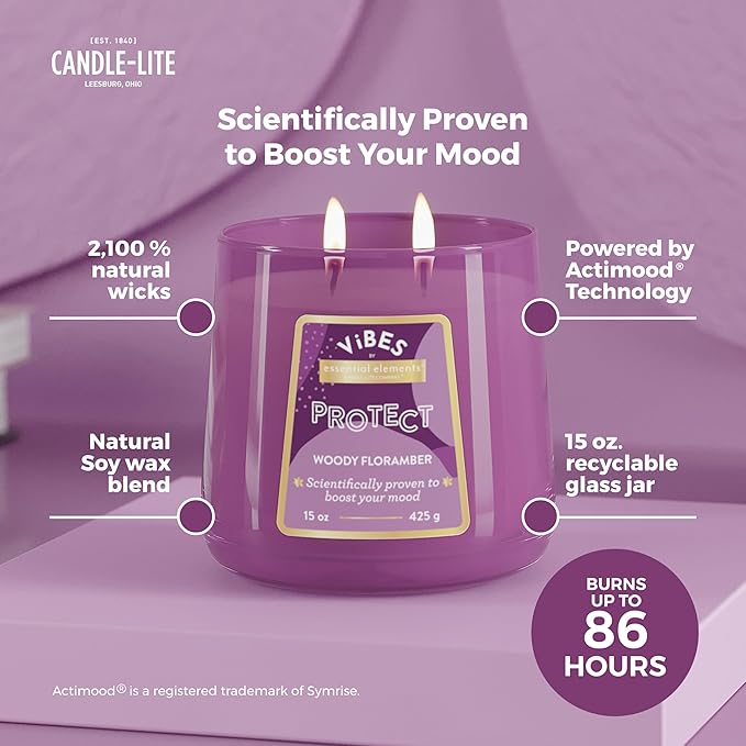 Candle-Lite Vibes Woody Floramber Mood-Enhancing Scented Candles, 15 oz Jar, Aromatherapy, Proudly Poured in The USA, 2-Wick, 86 Hours Burn Time, Perfect Relaxation Gift
