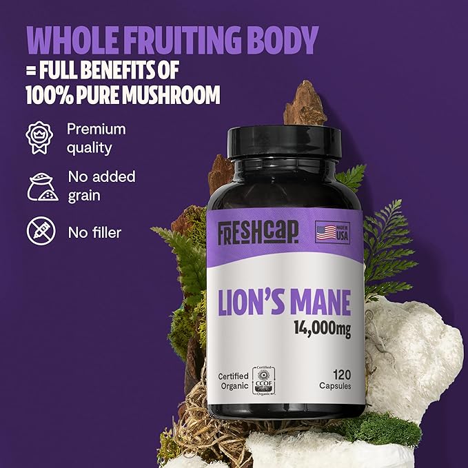 FreshCap Mushrooms Lions Mane Supplement Capsules 14,000mg - Lion's Mane, High Potency Extract, 14:1 Organic Mushroom Supplement, Ayurveda Focus Made in USA (120 Capsules)