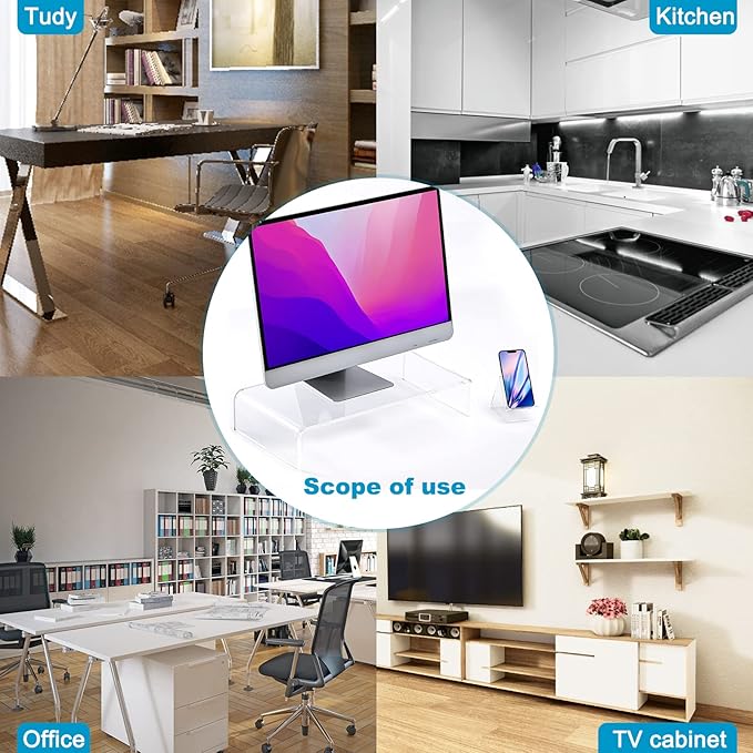 Premium Acrylic Monitor Stand – Extra-Wide 20" L x 10" W x 4" H Clear Computer Riser, Laptop Stand, Sleek Desktop Organizer for Office & Home, TV, Printer, with Bonus Acrylic Phone Stand