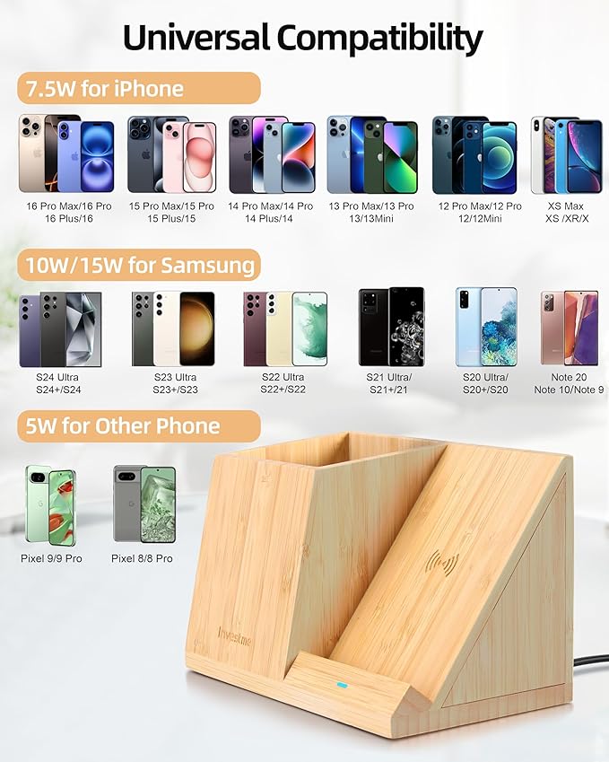 3-in-1 Bamboo Wireless Charger with Desk Organizer, Bamboo Pen Holder for Desk, 15W Fast Wireless Charger with Pen Holder for Home Office Supplies, Compatible with iPhone and Samsung