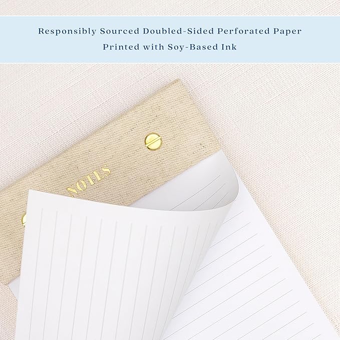 ELYN Lined Notepad, Aesthetic Linen Memo Pad with Matching Gold Gel Pen, 125 Sheets, 8.1 x 5.3 in - 100 GSM Premium Thick Paper, Perforated Pages & Hard Linen Backing, for Work, School or Home (Blue)
