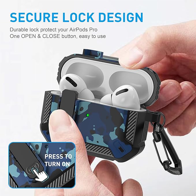 Maxjoy for AirPods Pro Case Cover with Lock, AirPods Pro 1st Generation Case for Men Military Rugged Protective Cover with Keychain Compatible with Apple AirPod Pros 2019 Front LED Visible, Blue Camo
