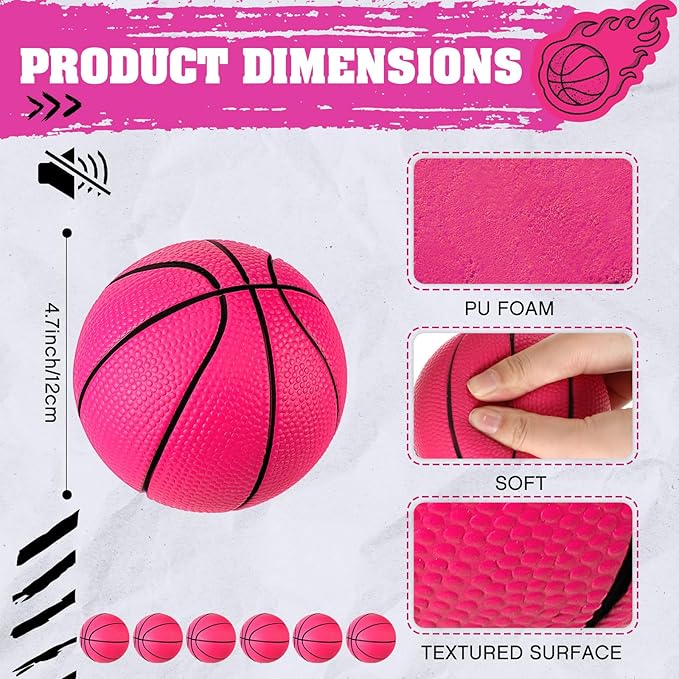 6 Pcs 4'' Mini Foam Basketballs for Kids Adults, Squeeze Stress Ball Safe Soft Replacement Beach Pool Basketball for Indoor Hoop Toddler Quiet Bouncy Sport Game(Pink)