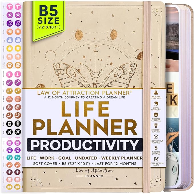 Law of Attraction Planner – Undated Hourly, Weekly & Monthly Goal Setting Planner, 12-Month to Increase Productivity | Life & Gratitude Journal, Include Foldable Vision Board, Gift Box & Stickers
