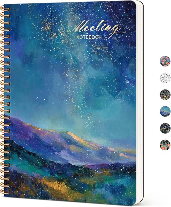 Meeting Notebook for Work Organization, Aesthetic Meeting Minutes Notebook for Work, Event Project Agenda Planner Organizer, Perfect for Office School Business Supplies, 6.9" X 9.7" - Starlit Peaks