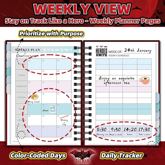 Hardcover Spiral Notebook Journal with 12 Dividers Tabs Weekly&Monthly Planner Productivity Journal Superhero Theme Leather Organizer for Work School Adults Teens and Professionals (BATM-RED)
