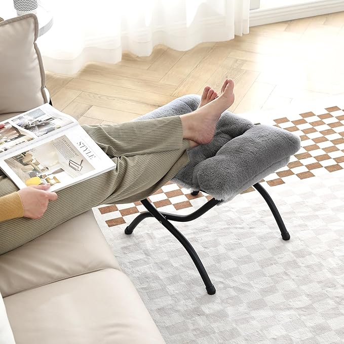 LITA Folding Upholstered Footrest Stool, Modern Small Portable Accent Ottoman with Detachable Thick Cotton Cushion Padded Sofa Stool with Metal Frame for Lazy Chair, Living Room & Bedroom, Plush Grey