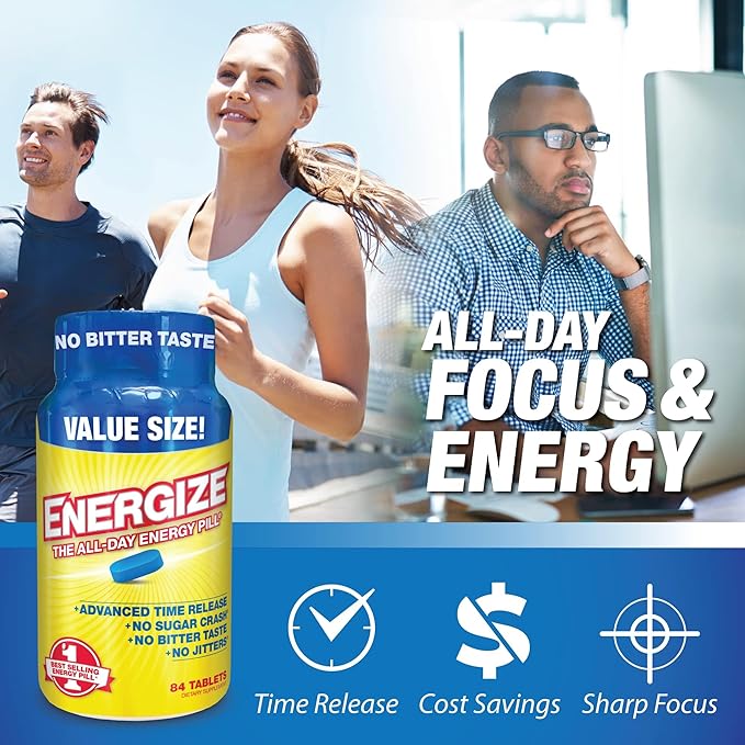 iSatori Energize Caffeine Pills - Fast Acting All-Day Energy Supplement with Time Release Caffeine & Natural Nootropic Support - No Jitters or Crash - Energy Vitamins for Men and Women - (84 Tablets)